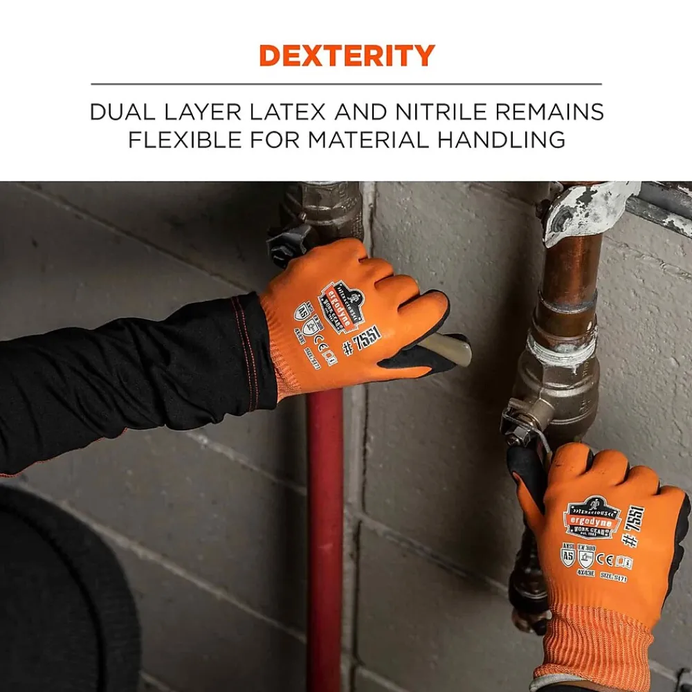 Ergodyne ProFlex 7551 Waterproof Cut-Resistant Winter Work Gloves, ANSI A5, Orange, XL, 144 Pairs (17995)