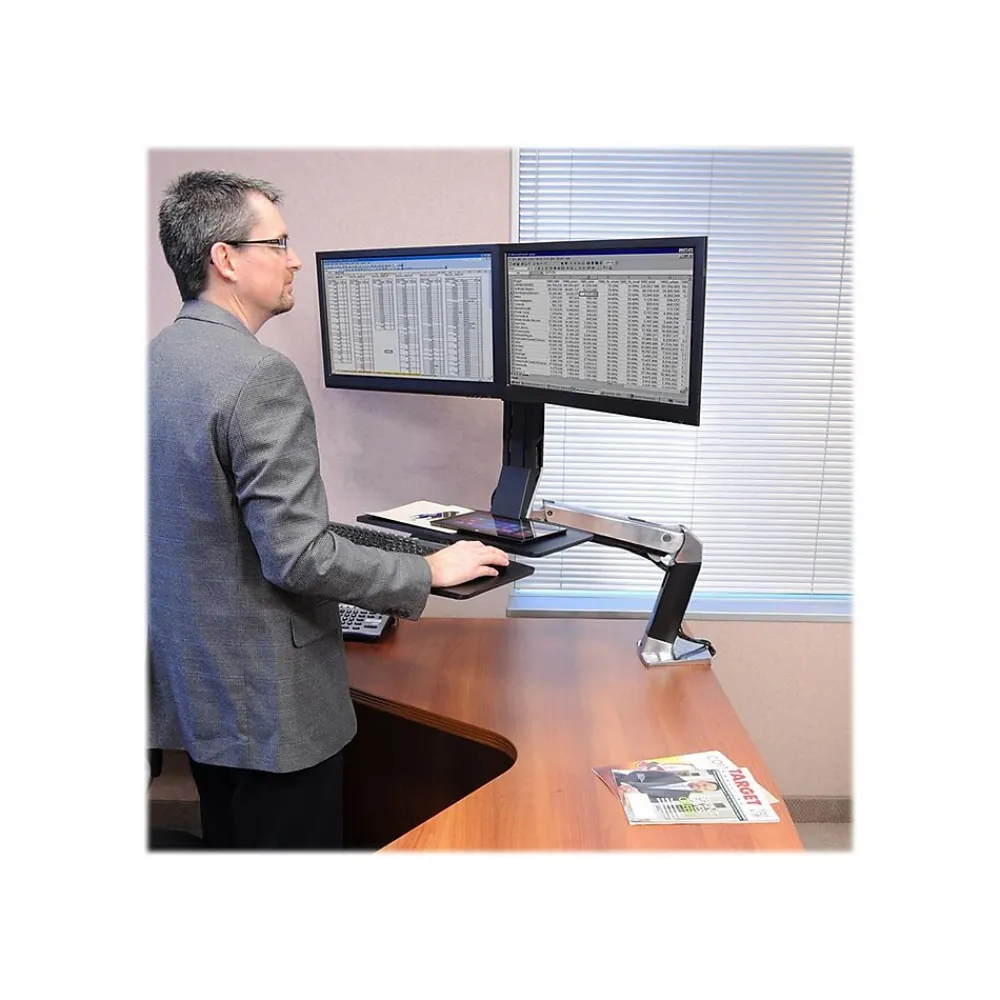 Clearance Ergotron WorkFit-A Dual Monitor Stand, Up to 24" Monitors, Black/Polished Aluminum (24-316-026)