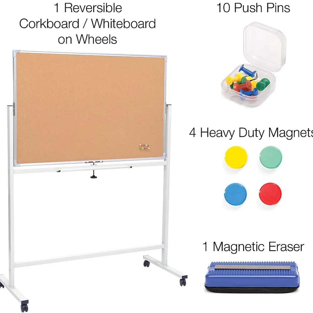 Bulletin*Global Printed Products Excello Global Products Double Sided Magnetic Mobile Whiteboard Corkboard Combo, White Frame, 48" x 32"