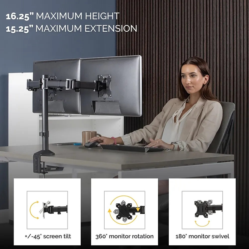 Fellowes Reflex Dual Adjustable Monitor Arm, Up to 27", Black (8502601)