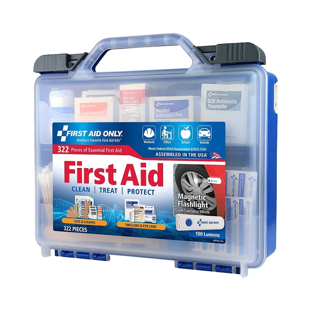 First Aid Only Plastic First Aid Kit with Magnetic Flashlight, 50 People, 322 Pieces, Clear/Blue (91414)