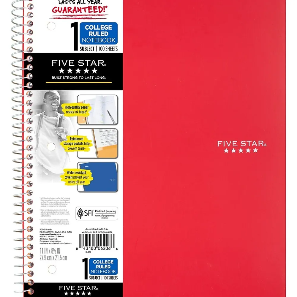 Subject Notebooks|Five Star 1-Subject Notebook, 8.5" x 11", College Ruled, 100 Sheets, (72053) Red