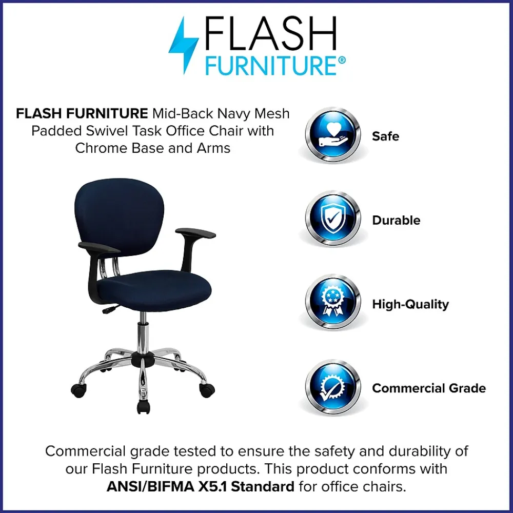 Office Chairs*Flash Furniture Beverly Ergonomic Mesh Swivel Mid-Back Padded Task Office Chair, Navy (H2376FNAVYARMS)