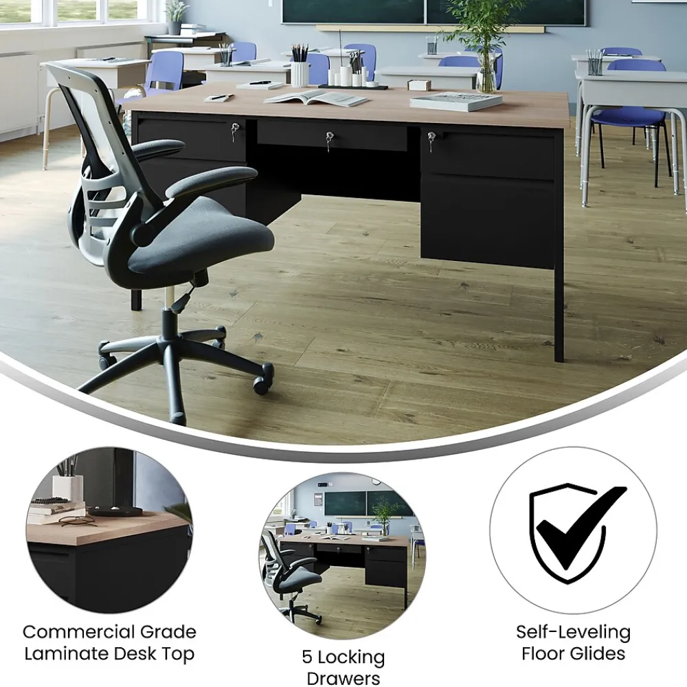 Office Desks*Flash Furniture Cambridge 60"W Double Pedestal Desk, (GCMBLK179WOK) White Oak/Black