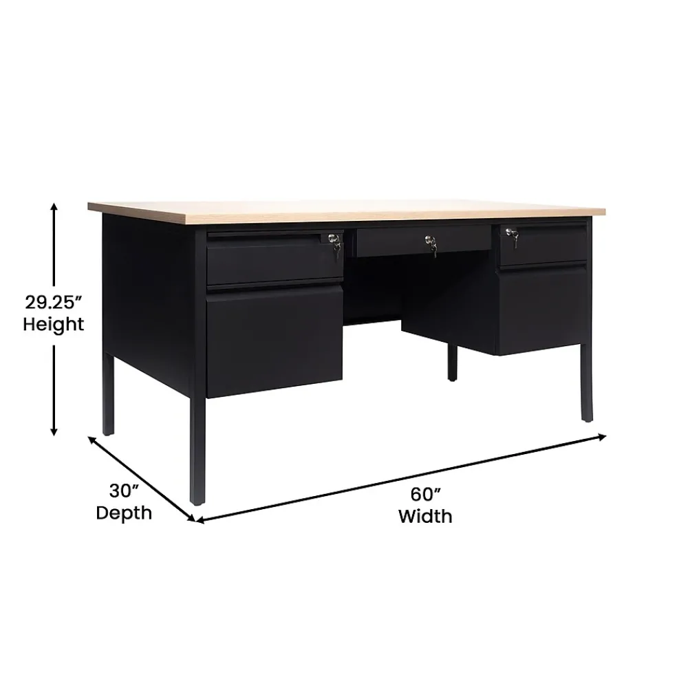Office Desks*Flash Furniture Cambridge 60"W Double Pedestal Desk, (GCMBLK179WOK) White Oak/Black