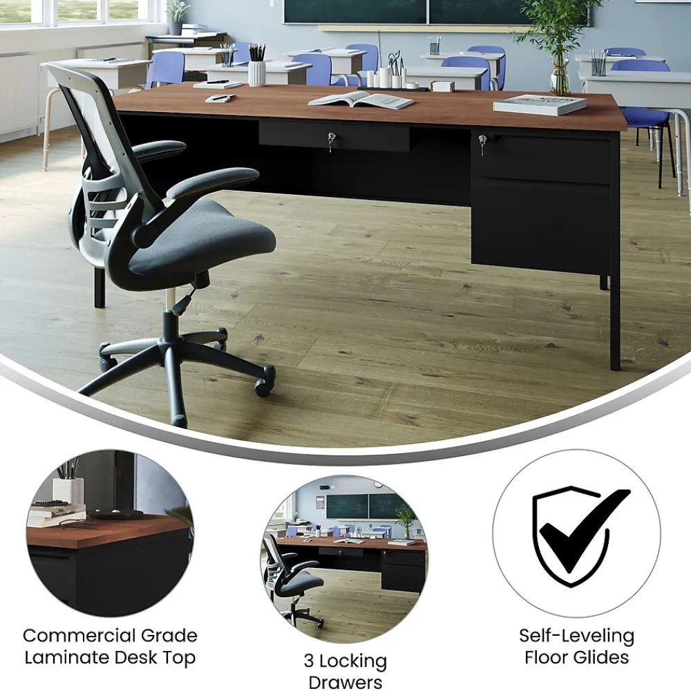 Office Desks*Flash Furniture Cambridge 70"W Single Pedestal Desk, (GCMBLK177WLN) Walnut/Black