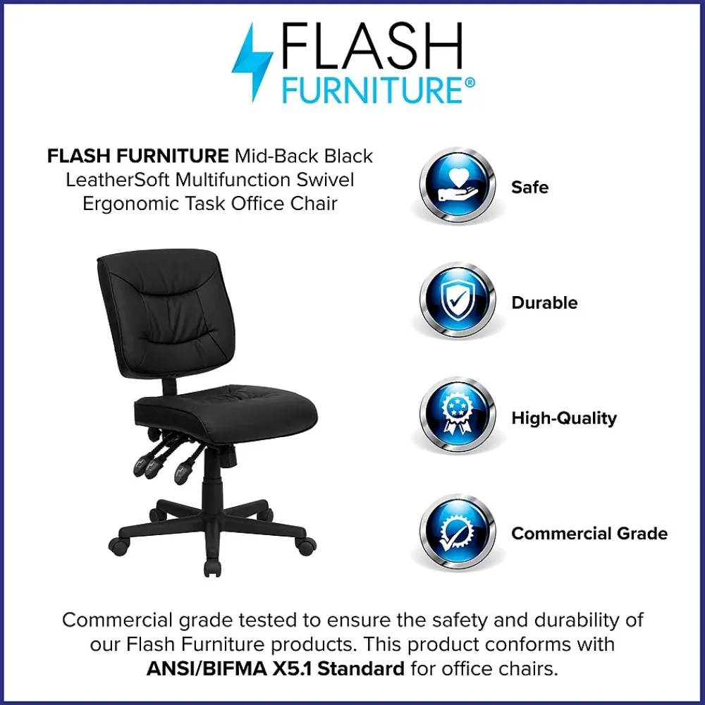 Office Chairs*Flash Furniture Cole Armless Ergonomic LeatherSoft Swivel Mid-Back Task Office Chair, Black (GO1574BK)
