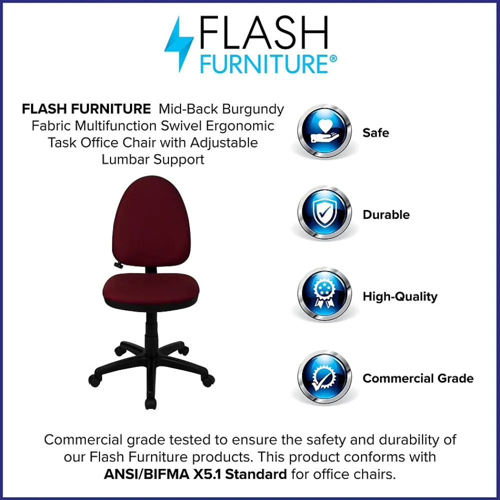 Office Chairs*Flash Furniture Linus Armless Ergonomic Fabric Swivel Mid-Back Multifunction Task Office Chair, Burgundy (WLA654MGBY)