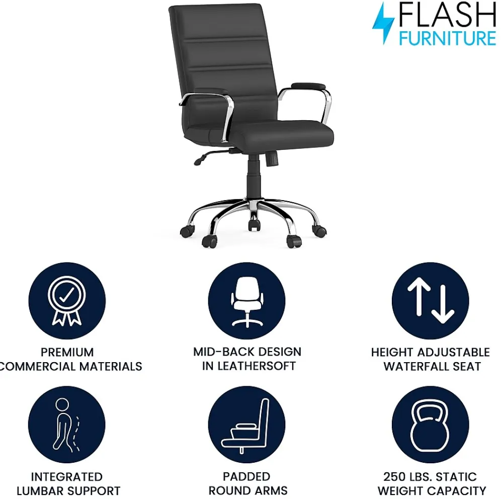 Office Chairs*Flash Furniture Whitney Ergonomic LeatherSoft Swivel Mid-Back Executive Office Chair, Black/Chrome (GO2286MBK)