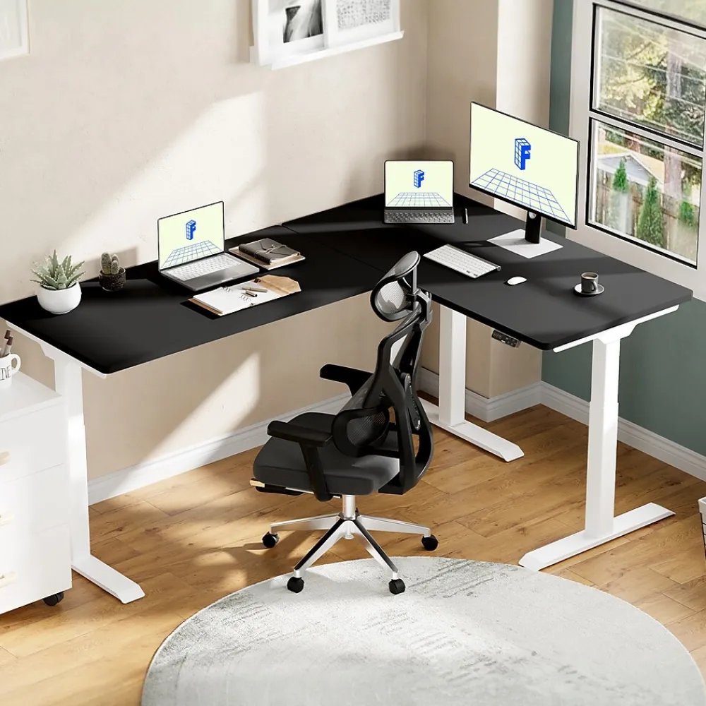 Standing Desks*FlexiSpot E7L Series 76"W Electric L-Shaped Adjustable Standing Desk, Black/White (E7LW557624B)