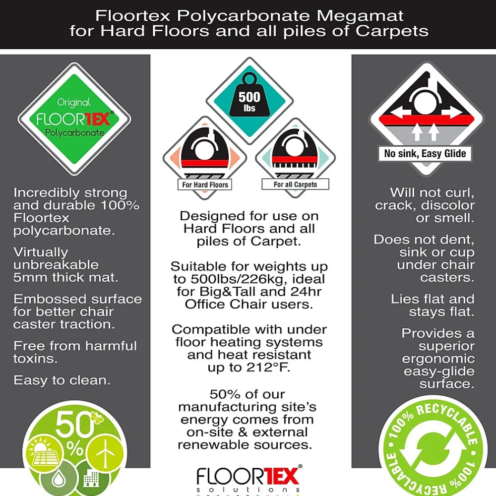 Chair Mats*Floortex Megamat Carpet & Hard Floor Chair Mat, 46" x 60", Clear Polycarbonate (FCM121525ER)