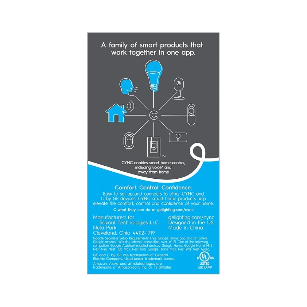 GE Cync Wi-Fi 60W Equivalent A19 LED Smart Light Bulb, Multicolor (93128981)