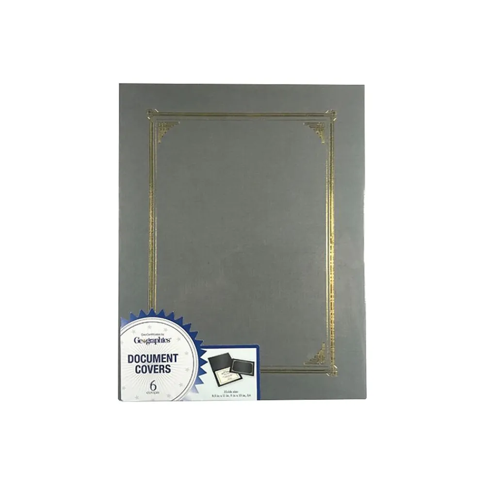 Awards & Certificates*Geographics Classic Linen Certificate Holders, 8.5" x 11", Gray/Gold, 6/Pack (49323)