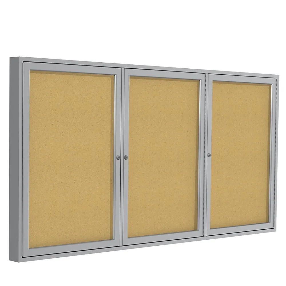 Bulletin*Ghent 4' H x 6' W Enclosed Natural Cork Bulletin Board with Satin Frame, 3 Door (PA34872K)