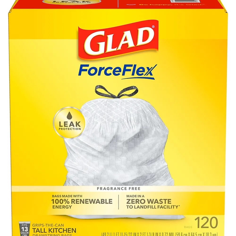 ForceFlex Tall 13 Gallon Kitchen Drawstring Trash Bags, White, 120/Box (78939)<Glad Best