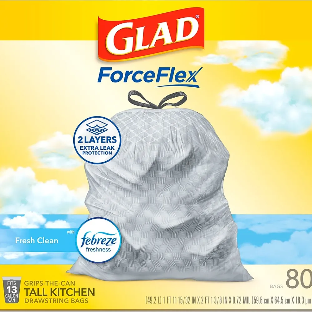 ForceFlex Tall Kitchen Drawstring Trash Bags, 13 Gallon, Fresh Clean scent with Febreze Freshness, 80/Box(78534)<Glad Best