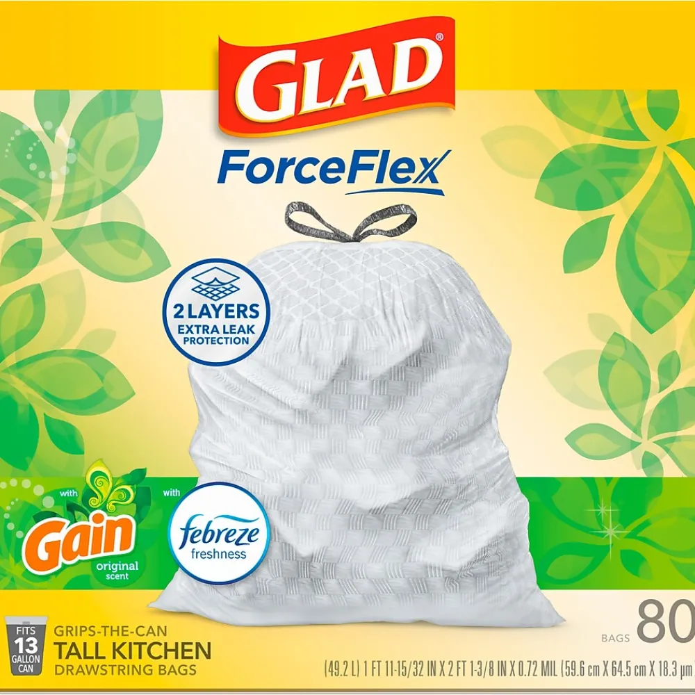 ForceFlex Tall Kitchen Drawstring Trash Bags, 13 Gallon, White, Gain Original scent, 80/Box (78750)<Glad Online