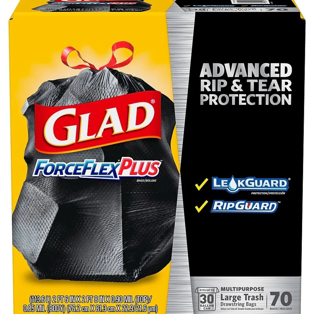 ForceFlexPlus 30 Gallon Trash Bag, 5.31" x 10.06", Low Density, 0.90 mil, Black, 70/Box (70358)<Glad Hot