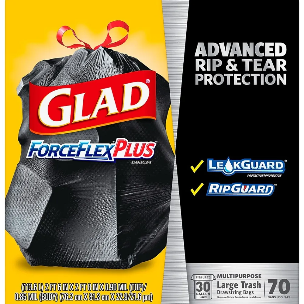 ForceFlexPlus 30 Gallon Trash Bag, 5.31" x 10.06", Low Density, 0.90 mil, Black, 70/Box (70358)<Glad Hot