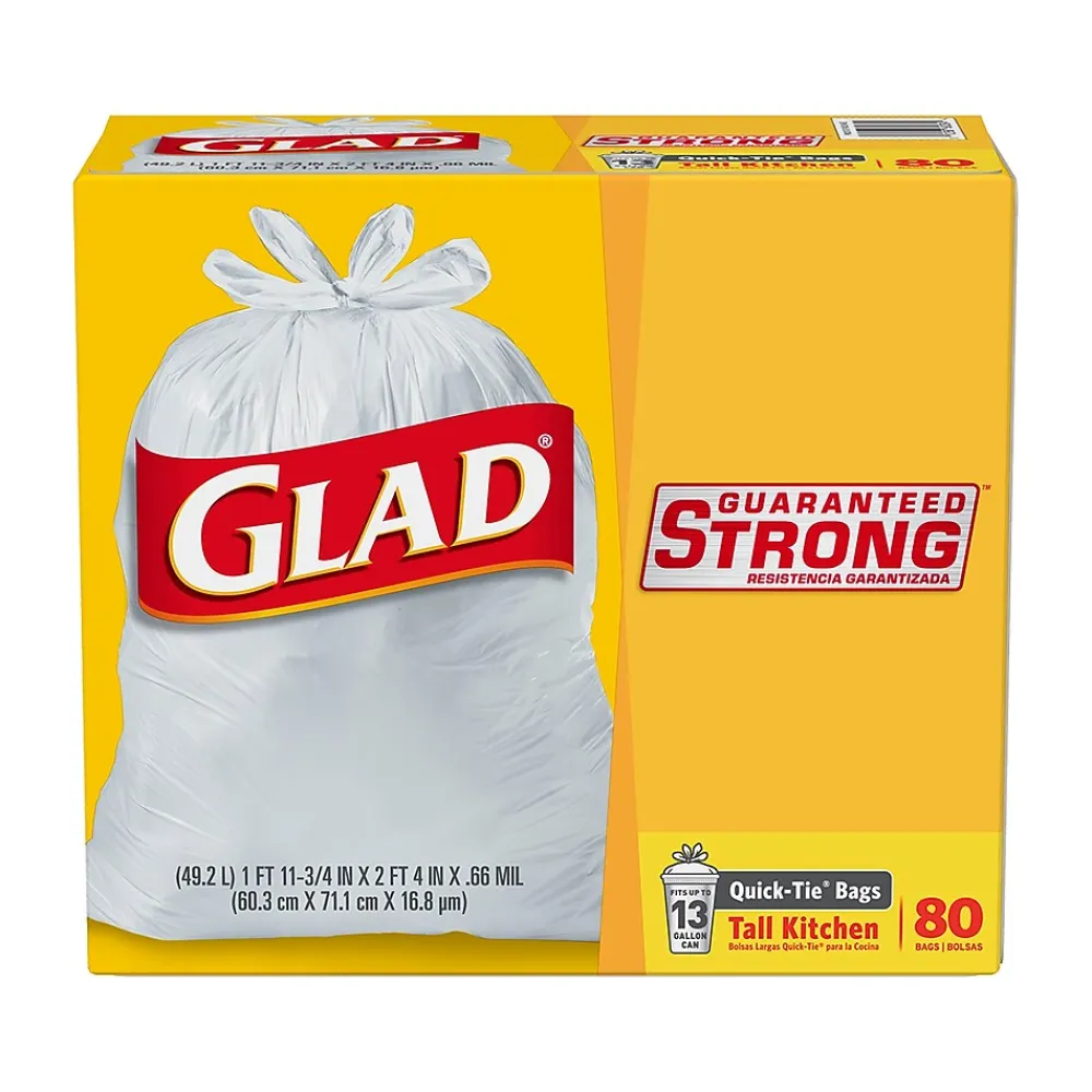 Quick-Tie 13-Gallon Tall Kitchen Trash Bag, 23.75" x 28", 0.66 Mil, White, 80 Bags/Box (60034)<Glad Discount