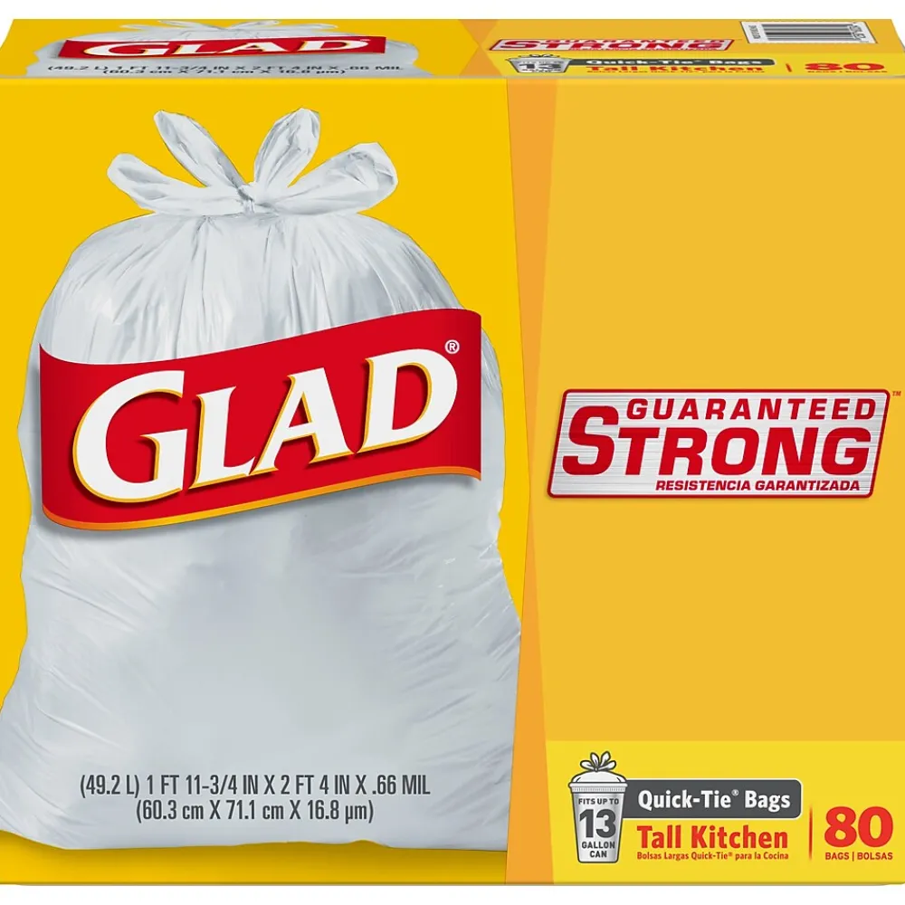 Quick-Tie Tall 13 Gallon Kitchen Trash Bags, 80/Box (60034)<Glad Discount
