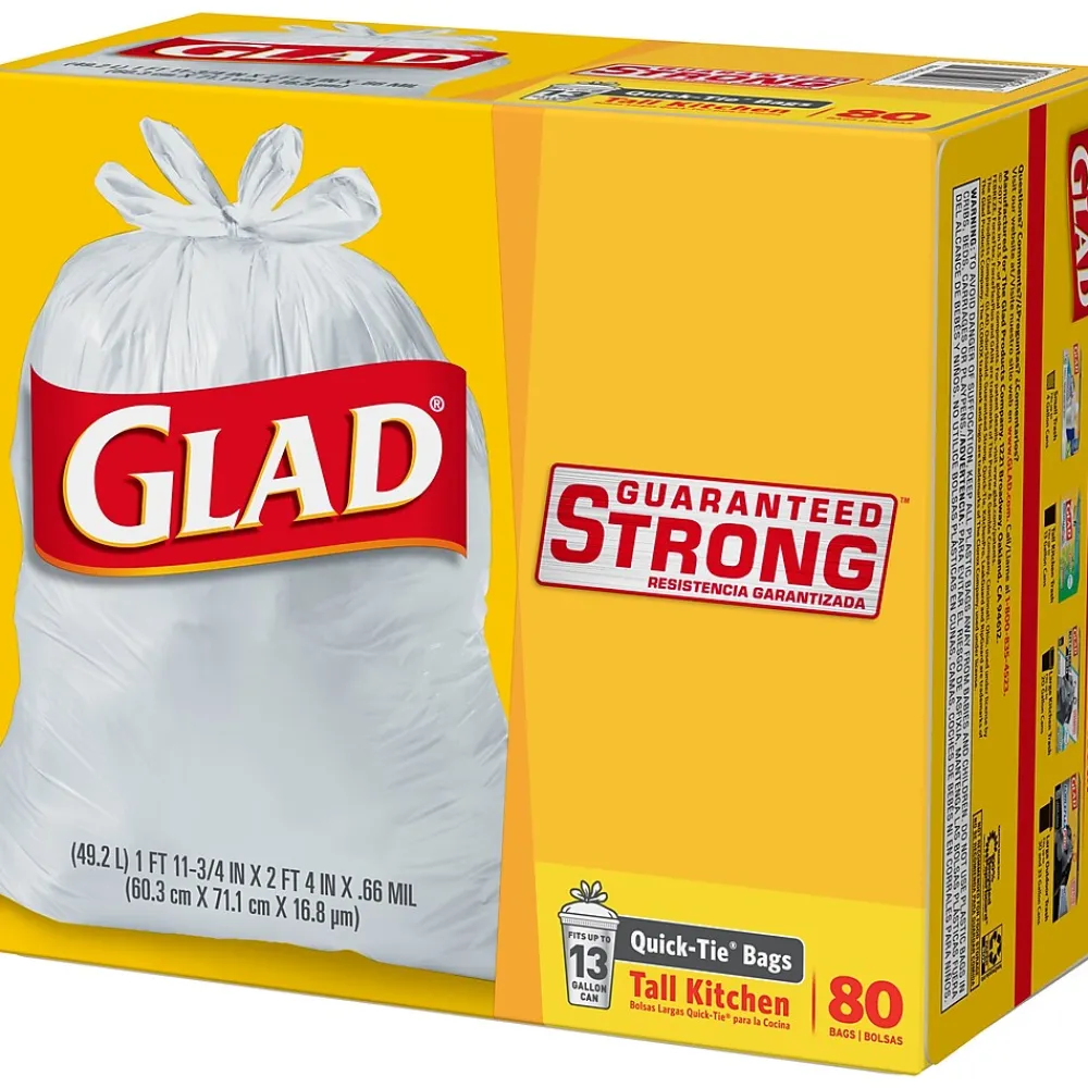 Quick-Tie Tall 13 Gallon Kitchen Trash Bags, 80/Box (60034)<Glad Discount