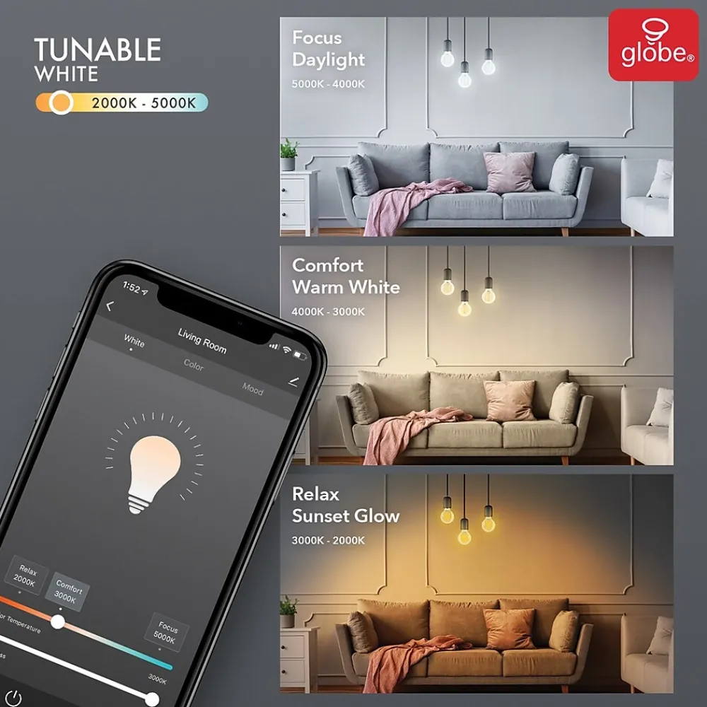 Globe Electric G25-Shape E26-Base Wi-Fi Dimmable Tunable Edison-Style 60-Watt-Equivalent Smart LED Light Bulb, White (34920)