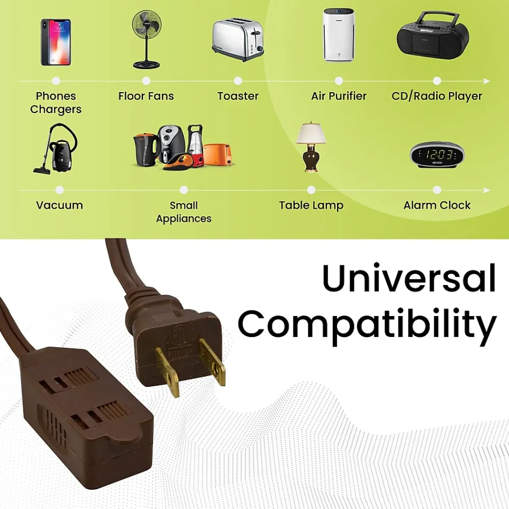 GoGreen Power 12' Extension Cord, 3-Outlet, 16 AWG, Brown (GG-24812-3)