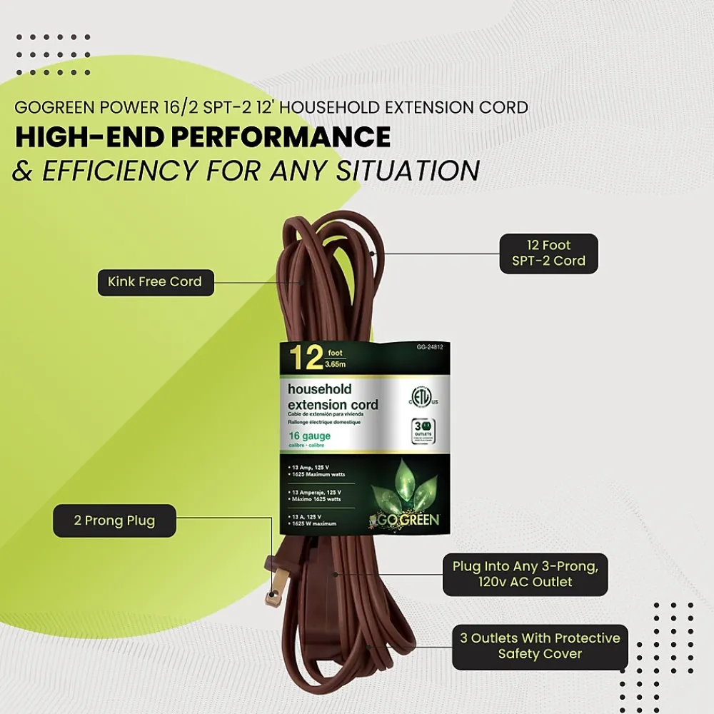 GoGreen Power 12' Extension Cord, 3-Outlet, 16 AWG, Brown (GG-24812-3)