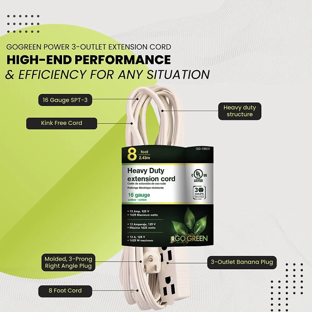 GoGreen Power 8' Extension Cord, 3-Outlet, 16 AWG, White (GG-19608)