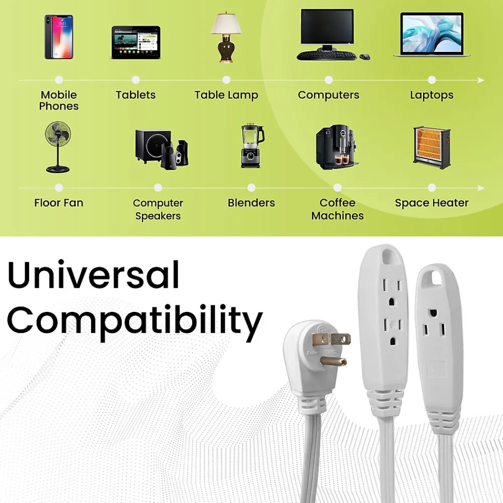 GoGreen Power 8' Extension Cord, 3-Outlet, 16 AWG, White (GG-19608)