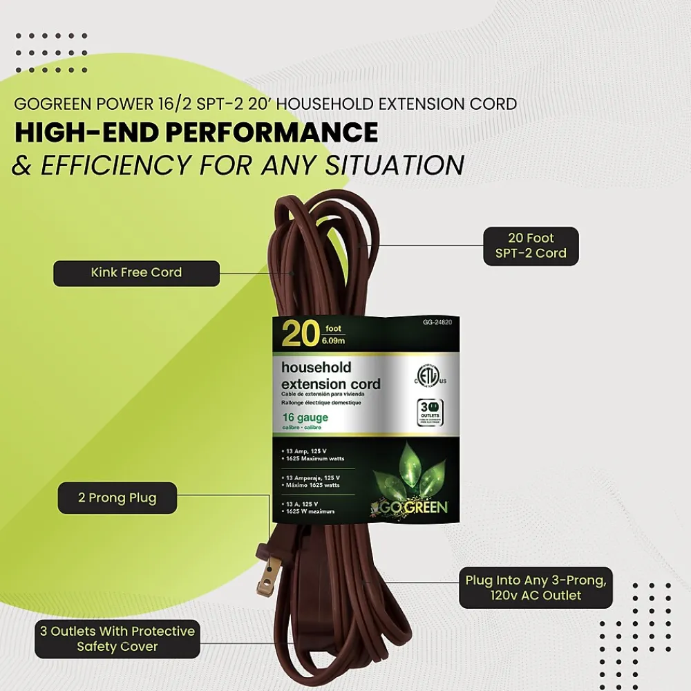 GoGreen Power 20' Extension Cords, 3-Outlet, 16 AWG, Brown, 3/Pack (GG-24820-3)