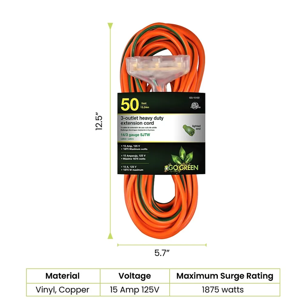 GoGreen Power 50' Indoor/Outdoor Extension Cord, 3-Outlet, 14 AWG, Orange (GG-15150)