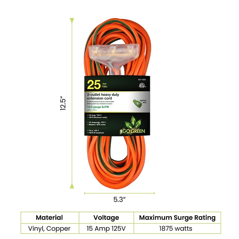 GoGreen Power 25' Indoor/Outdoor Extension Cord, 3-Outlet, 12 AWG, Orange (GG-15225)