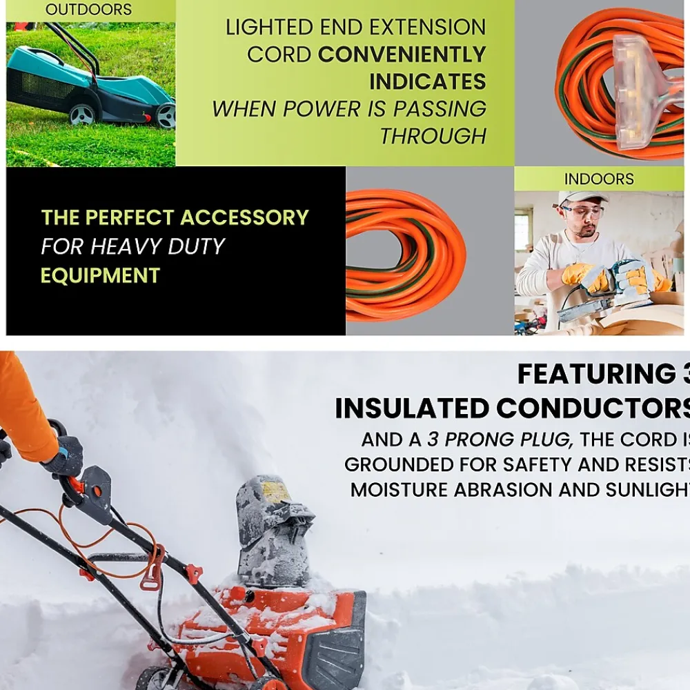 GoGreen Power 25' Indoor/Outdoor Extension Cord, 3-Outlet, 12 AWG, Orange (GG-15225)