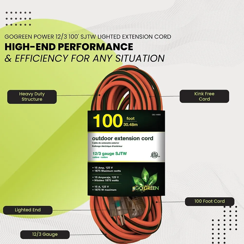GoGreen Power 100' Indoor/Outdoor Extension Cord, 12 AWG, Orange (GG-14000)