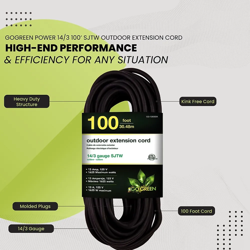 GoGreen Power 100' Indoor/Outdoor Extension Cord, 14 AWG, Black (GG-13800BK)