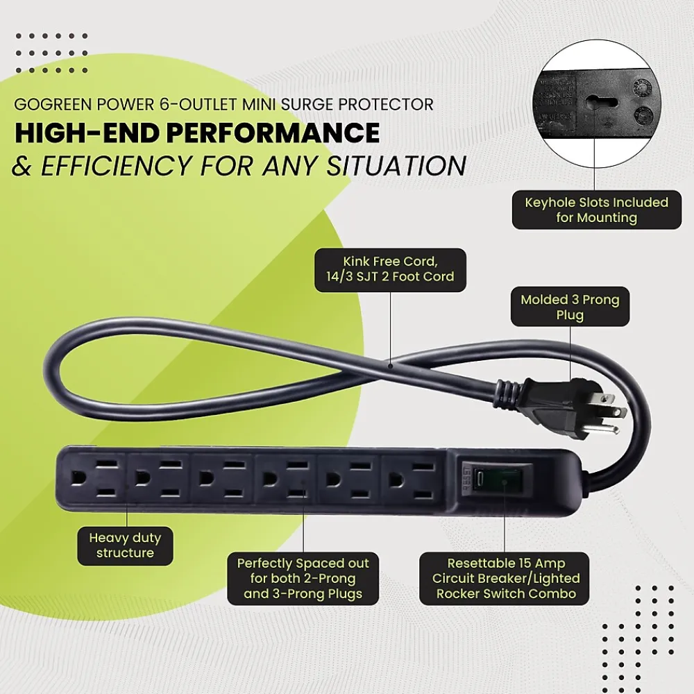 GoGreen Power 6 Outlet Mini Surge Protector, 2' cord, Black (GG-16103MINBK)