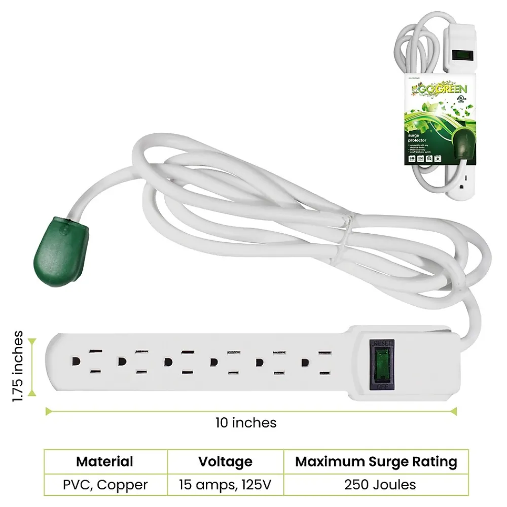 GoGreen Power 6 Outlet Surge Protector, 6' Cord, White (GG-16106MS)