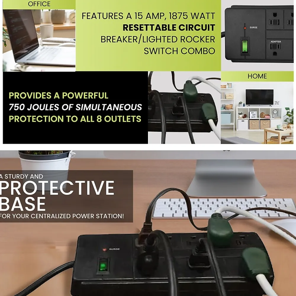 GoGreen Power 8 Outlet Surge Protector, 6' cord, Black (GG-18316BK)