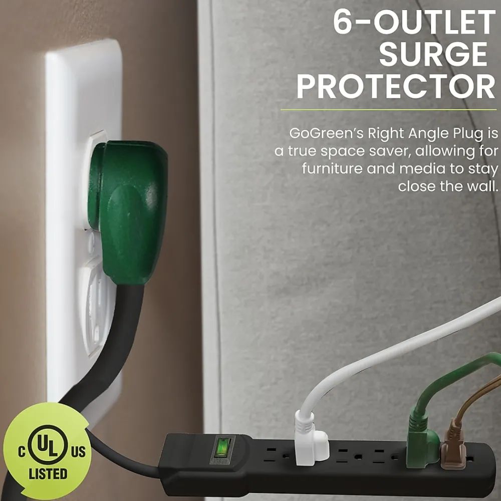 GoGreen Power 2.5' Surge Protector, 6 Outlet, Black (GG-16103MSBK)