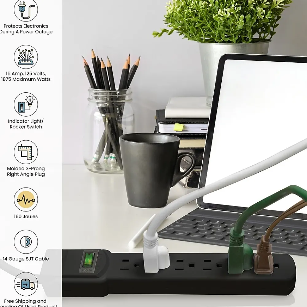 GoGreen Power 2.5' Surge Protector, 6 Outlet, Black (GG-16103MSBK)