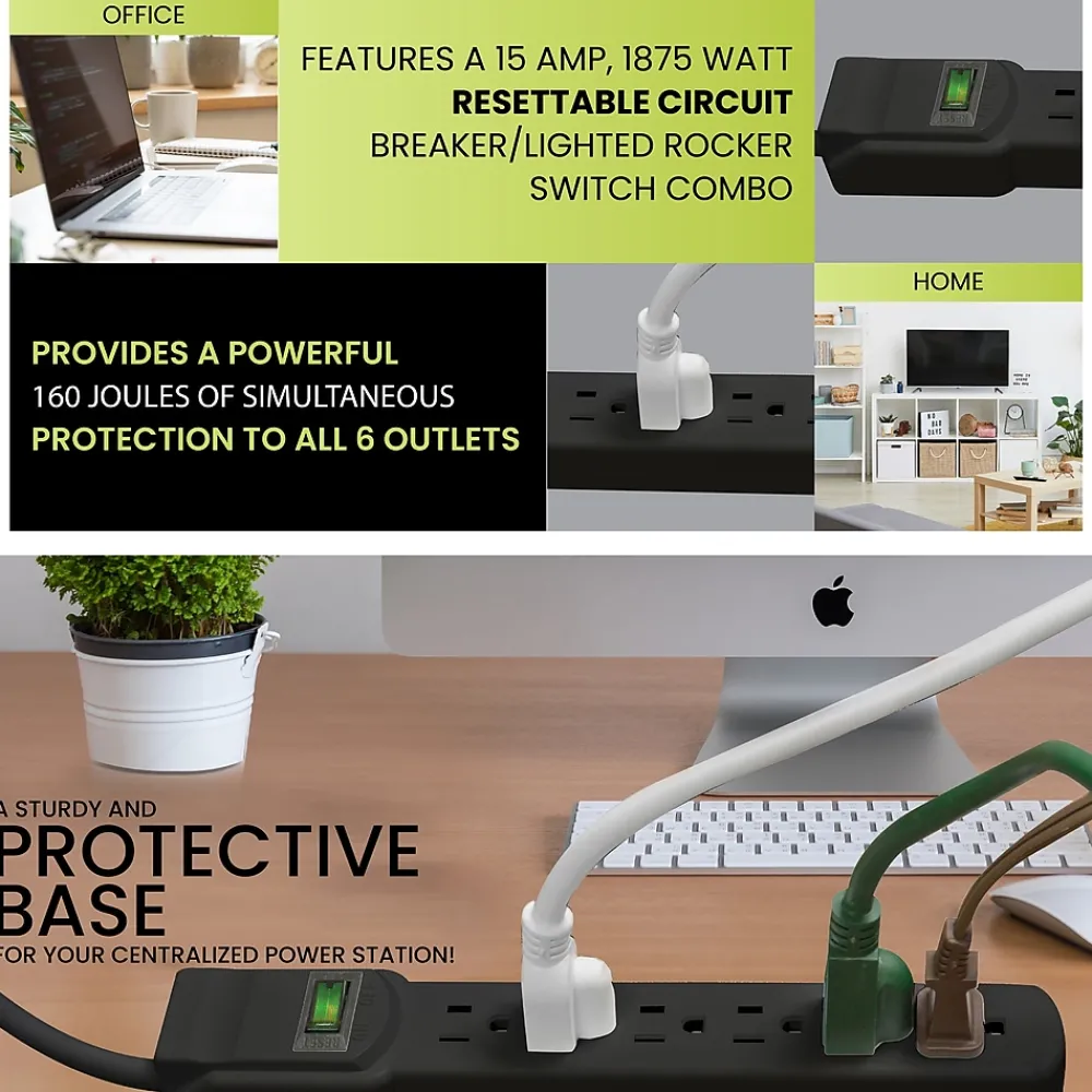 GoGreen Power 2.5' Surge Protector, 6 Outlet, Black (GG-16103MSBK)