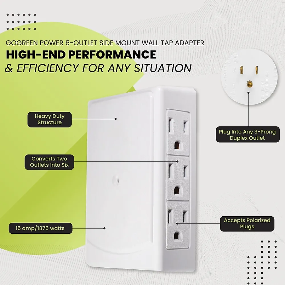 GoGreen Power Side Mount Wall Tap, 6 Outlet White (GG-16000TSM)