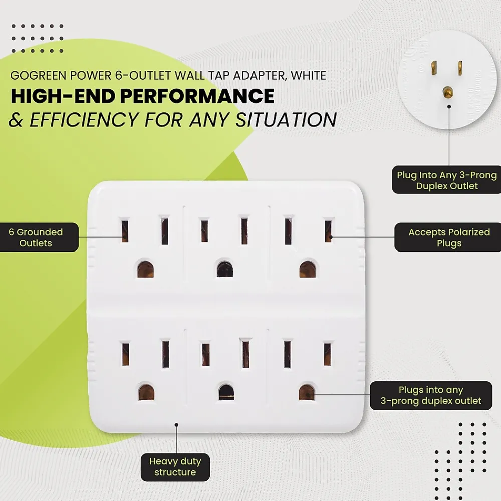 GoGreen Power Wall Tap, 6 Outlet, White, 3/Pack (GG-16000TW)