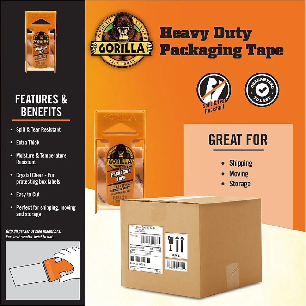 Sale Gorilla Heavy Duty Packing Tape with Dispenser, 1.88" x 25 yds., Clear, 4/Pack (102680)