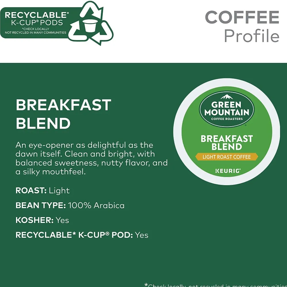 Green Mountain Breakfast Blend Coffee Keurig® K-Cup® Pods, Light Roast, 96/Carton (6520)