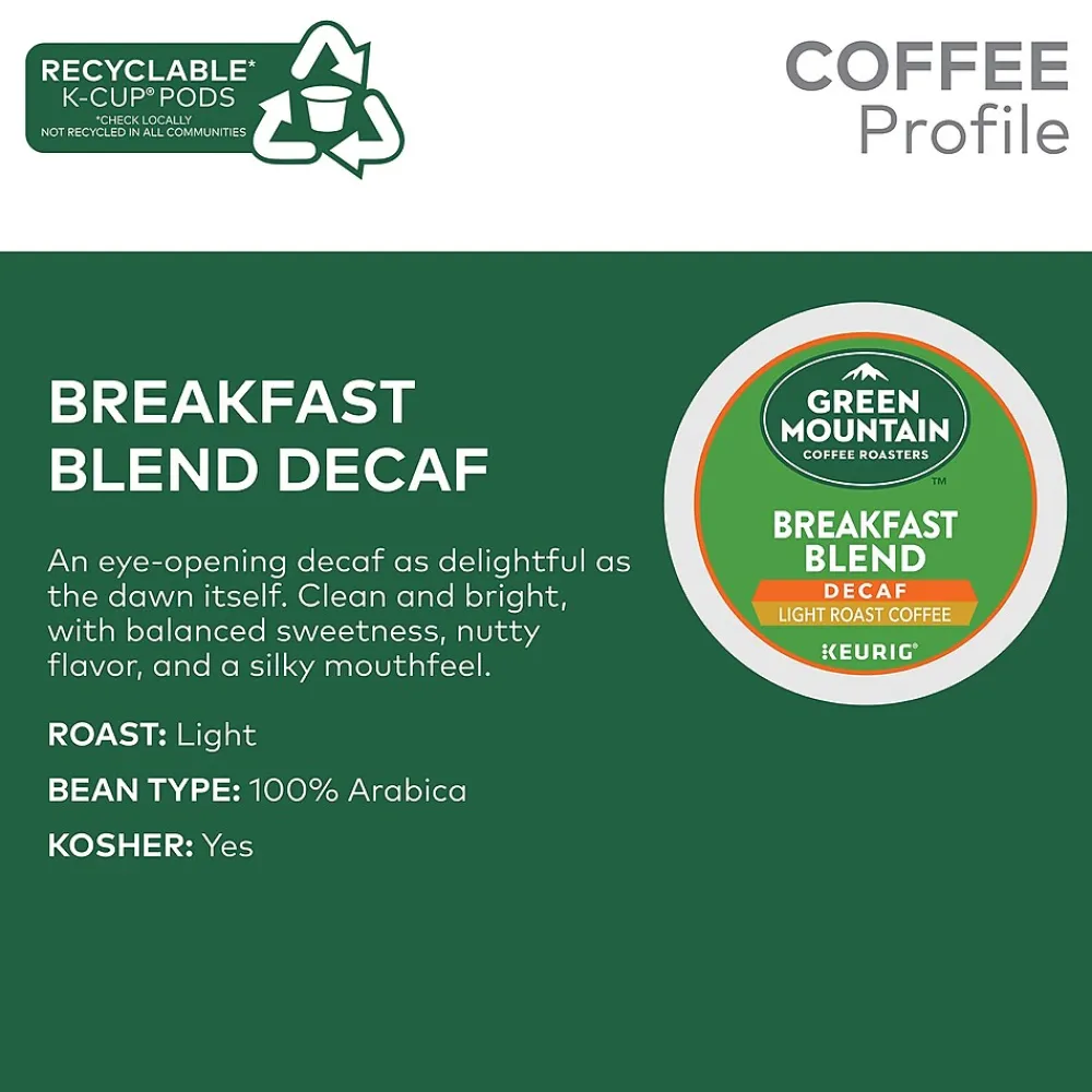 Green Mountain Breakfast Blend Decaf Coffee Keurig® K-Cup® Pods, Light Roast, 96/Carton (7522)