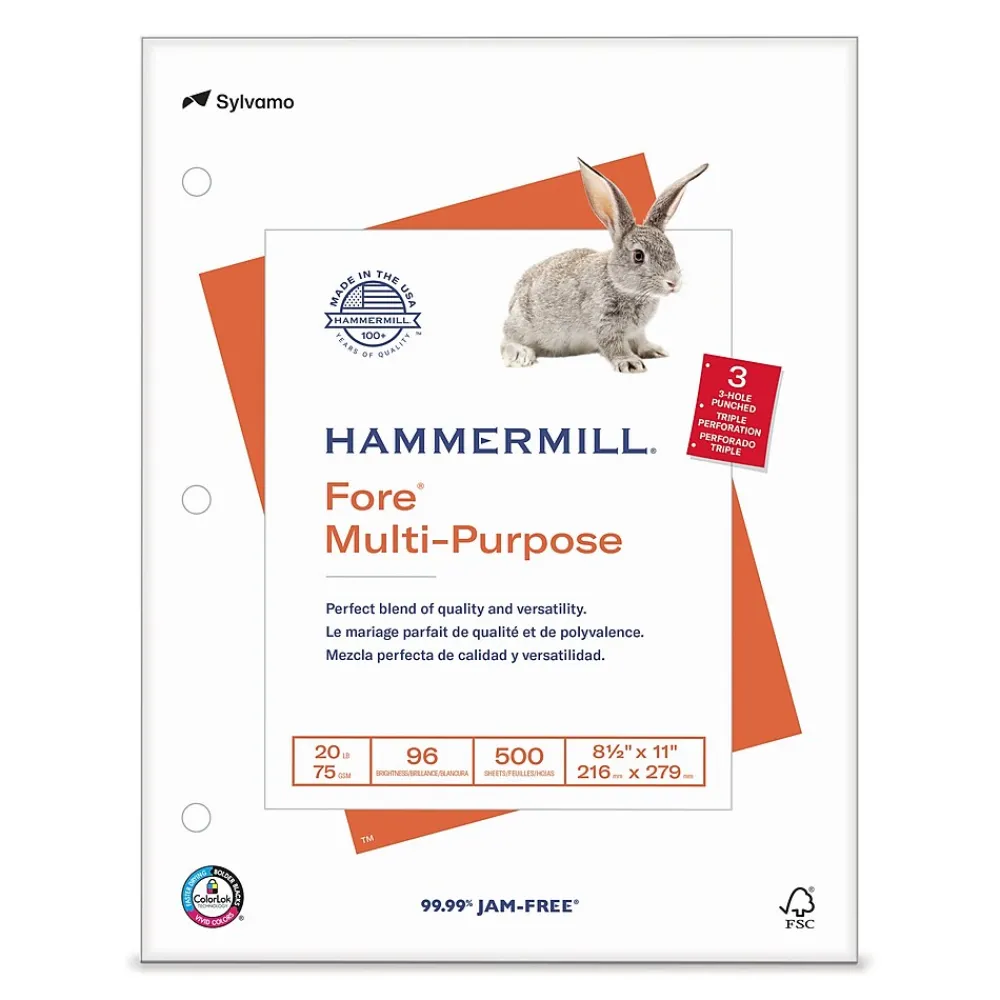 Multipurpose Paper*Hammermill Fore 8.5" x 11", 3-Hole Punched Multipurpose Paper, 20 lbs., 96 Brightness, 500 Sheets/Ream (103275)