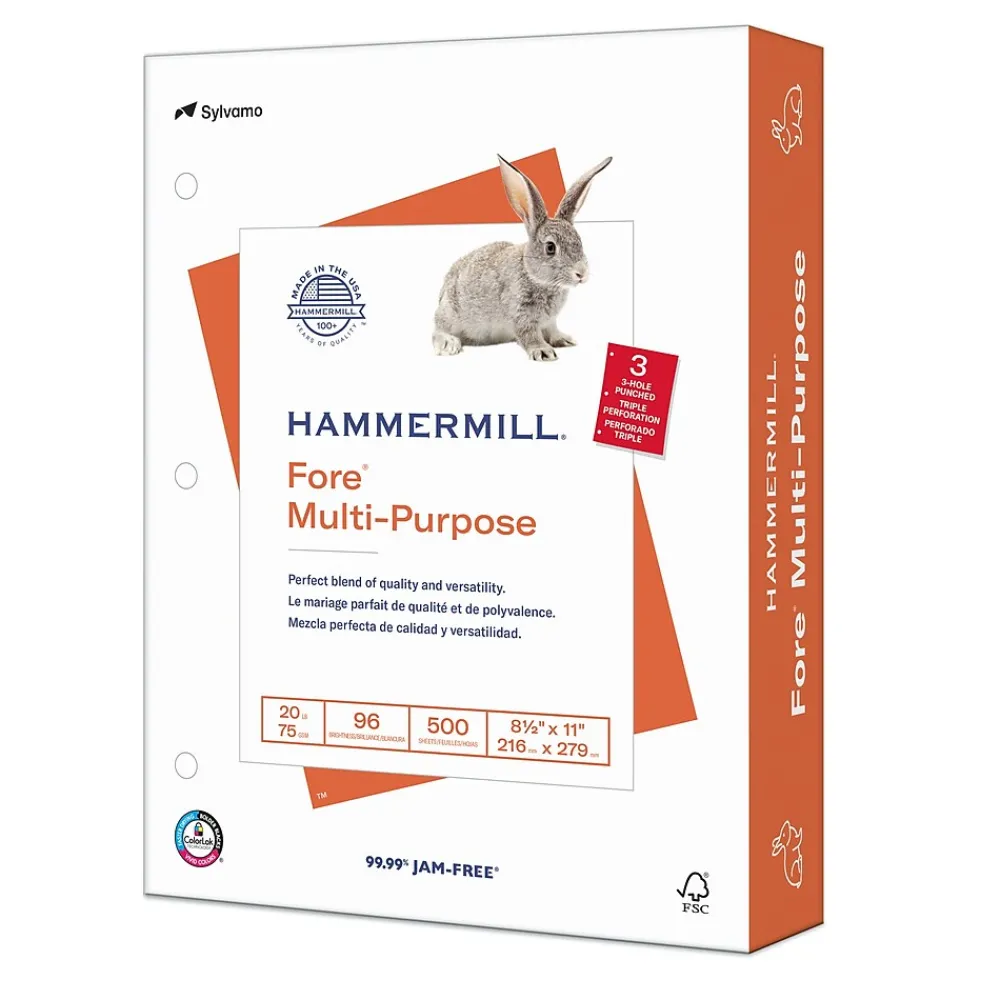 Multipurpose Paper*Hammermill Fore 8.5" x 11", 3-Hole Punched Multipurpose Paper, 20 lbs., 96 Brightness, 500 Sheets/Ream (103275)